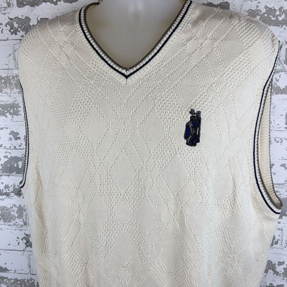 Vtg USA Made Sweater Vest Men’s XL Cream Blue Khaki Golf Bag Logo Cyprus Links - Picture 2 of 12